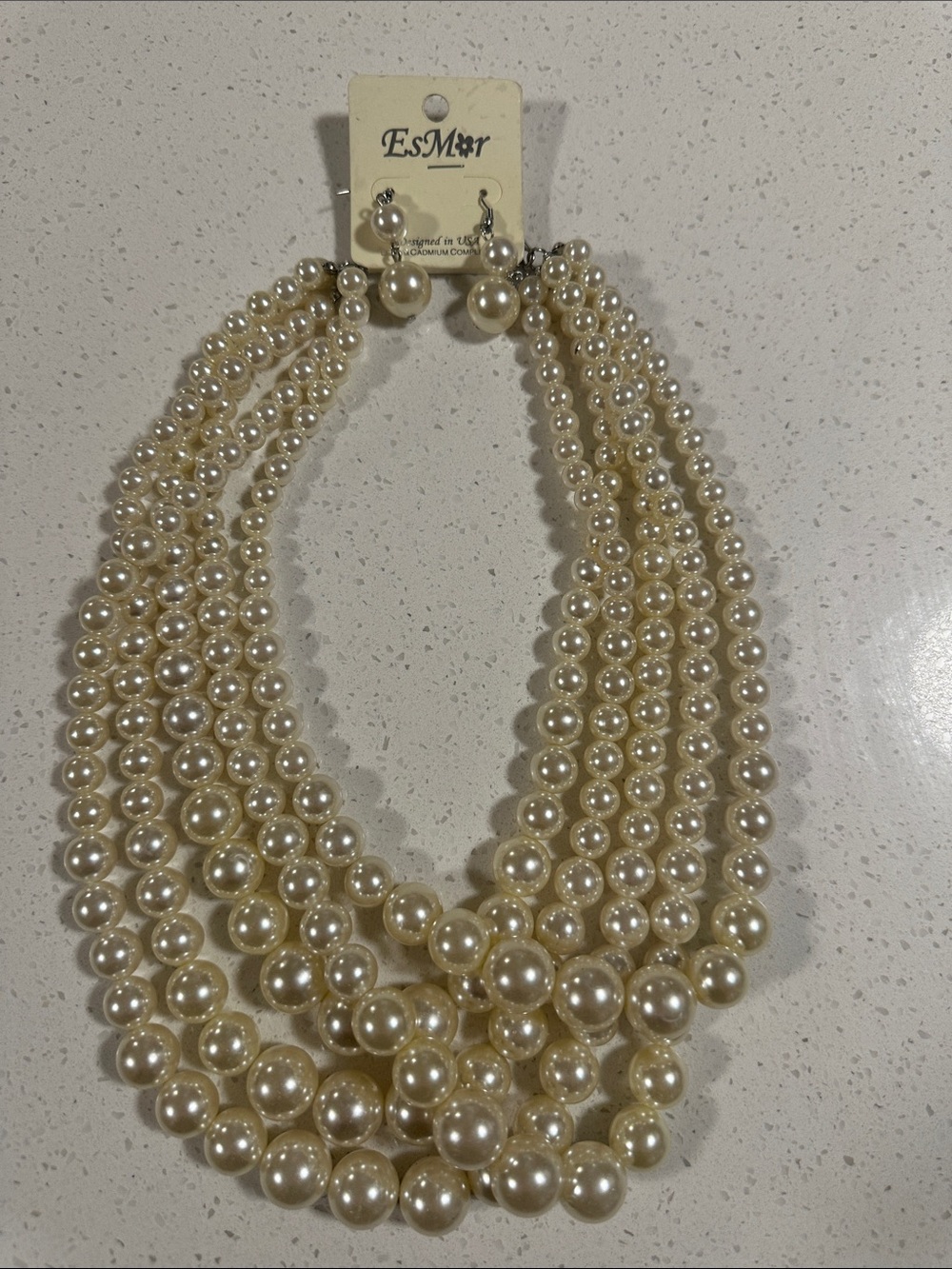 EsMar -Multi Strand Faux Pearl Necklace and Earrings Set